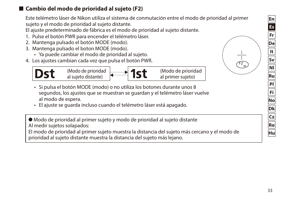 Cambio del modo de prioridad al sujeto (f2) | Nikon 6x20 Prostaff 1000 Rangefinder User Manual | Page 33 / 276