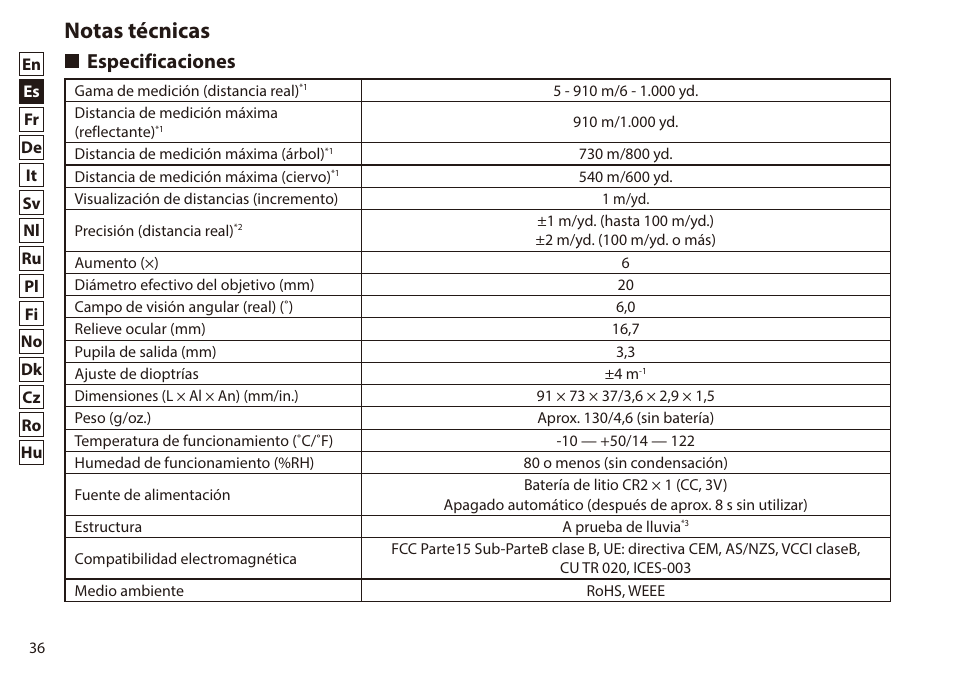 Notas técnicas, Especificaciones | Nikon 6x20 Prostaff 1000 Rangefinder User Manual | Page 36 / 276