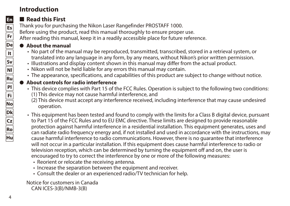 Introduction, Read this first | Nikon 6x20 Prostaff 1000 Rangefinder User Manual | Page 4 / 276