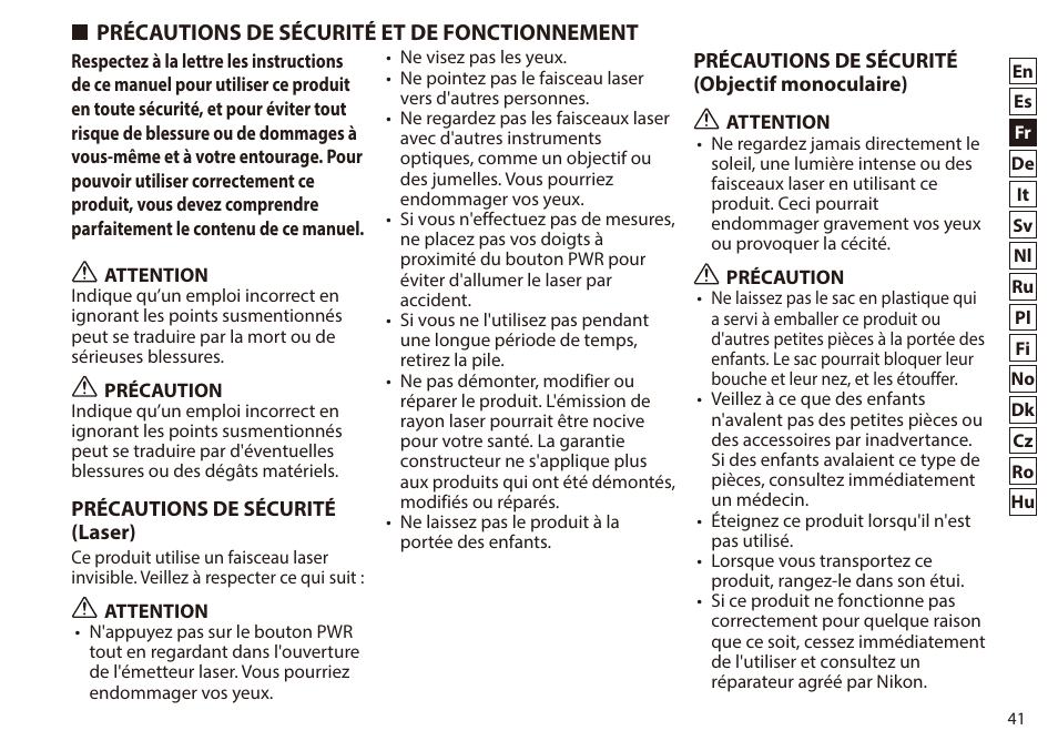 Précautions de sécurité et de fonctionnement, Précautions de sécurité et de, Fonctionnement | Nikon 6x20 Prostaff 1000 Rangefinder User Manual | Page 41 / 276