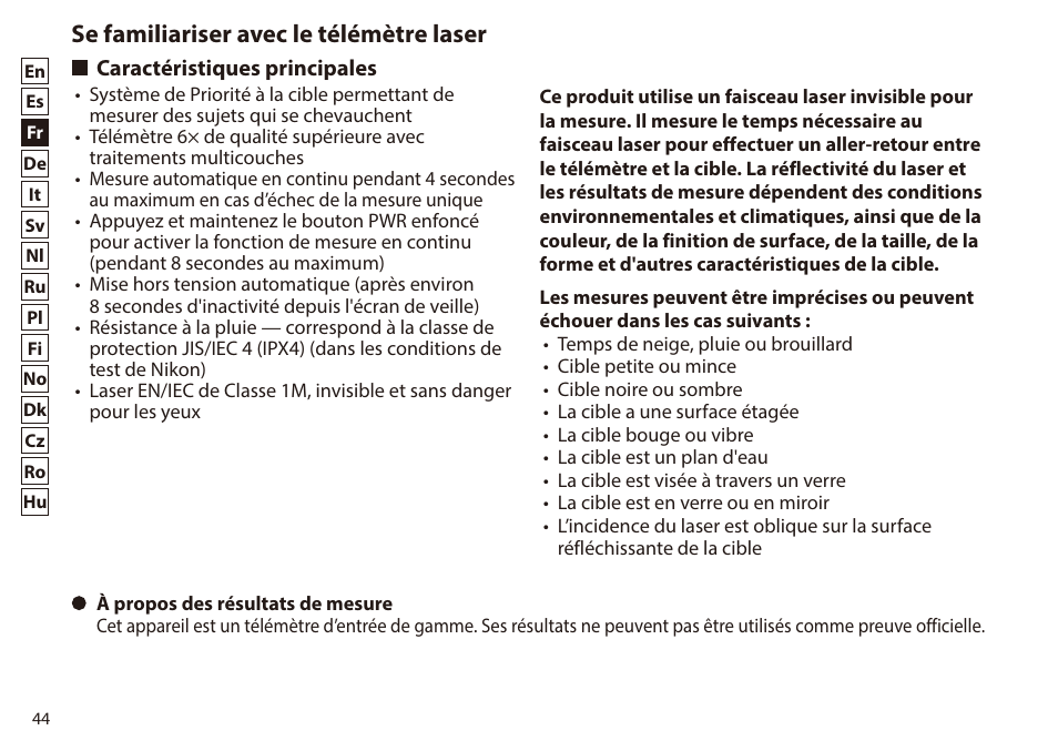 Se familiariser avec le télémètre laser, Caractéristiques principales | Nikon 6x20 Prostaff 1000 Rangefinder User Manual | Page 44 / 276