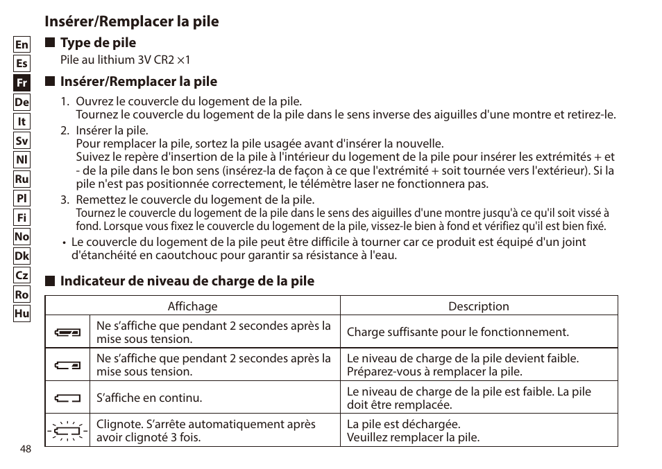 Insérer/remplacer la pile, Type de pile, Indicateur de niveau de charge de la pile | Nikon 6x20 Prostaff 1000 Rangefinder User Manual | Page 48 / 276