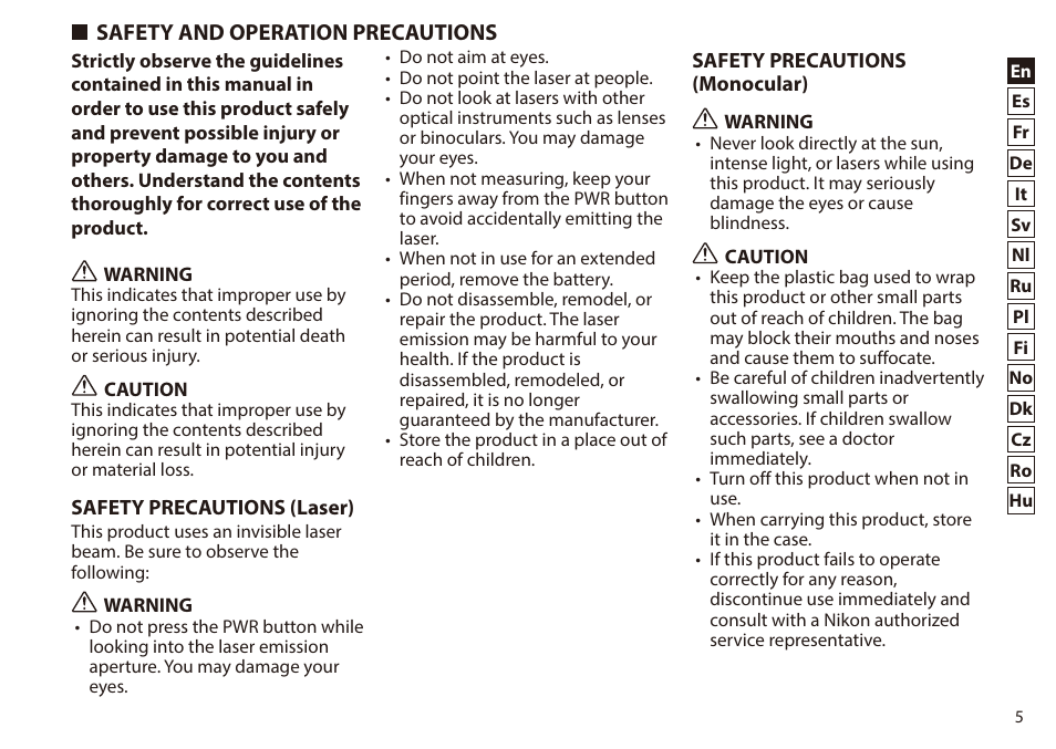 Safety and operation precautions | Nikon 6x20 Prostaff 1000 Rangefinder User Manual | Page 5 / 276