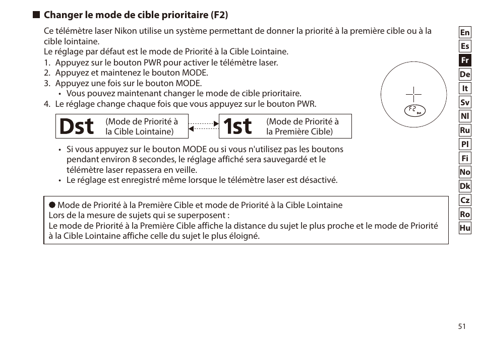 Changer le mode de cible prioritaire (f2) | Nikon 6x20 Prostaff 1000 Rangefinder User Manual | Page 51 / 276