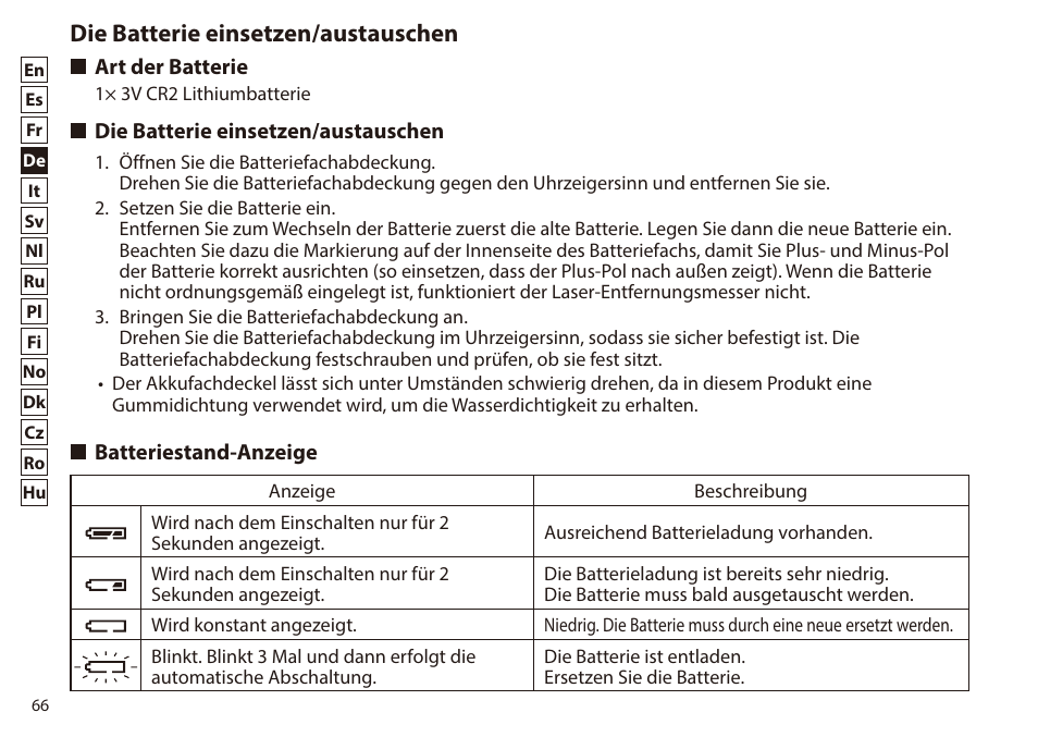 Die batterie einsetzen/austauschen, Art der batterie, Batteriestand-anzeige | Nikon 6x20 Prostaff 1000 Rangefinder User Manual | Page 66 / 276