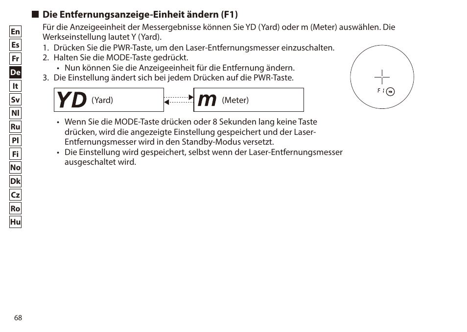 Die entfernungsanzeige-einheit ändern (f1) | Nikon 6x20 Prostaff 1000 Rangefinder User Manual | Page 68 / 276