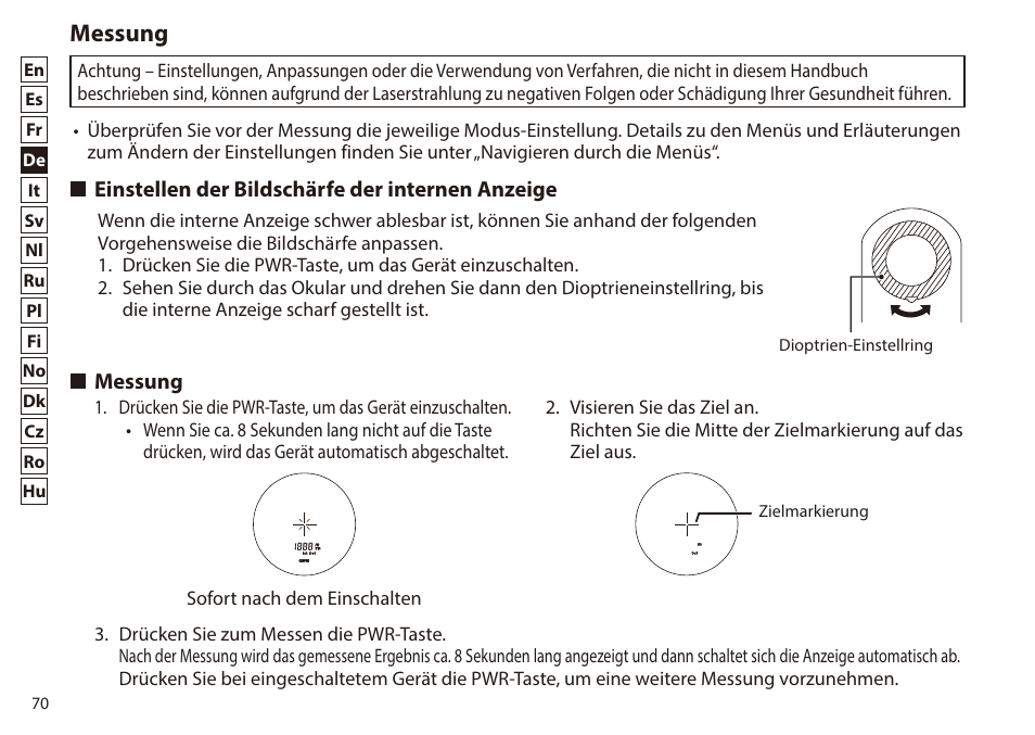 Messung, Einstellen der bildschärfe der internen anzeige | Nikon 6x20 Prostaff 1000 Rangefinder User Manual | Page 70 / 276