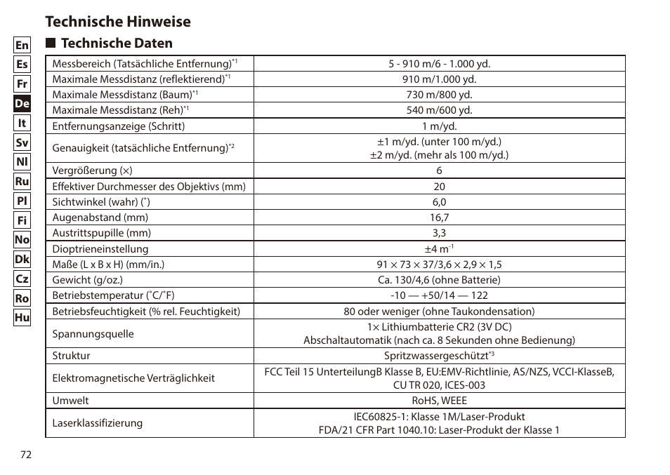 Technische hinweise, Technische daten | Nikon 6x20 Prostaff 1000 Rangefinder User Manual | Page 72 / 276