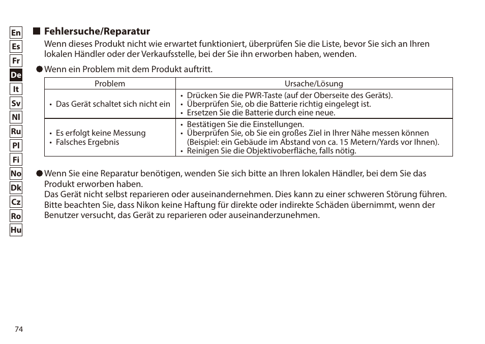 Fehlersuche/reparatur | Nikon 6x20 Prostaff 1000 Rangefinder User Manual | Page 74 / 276