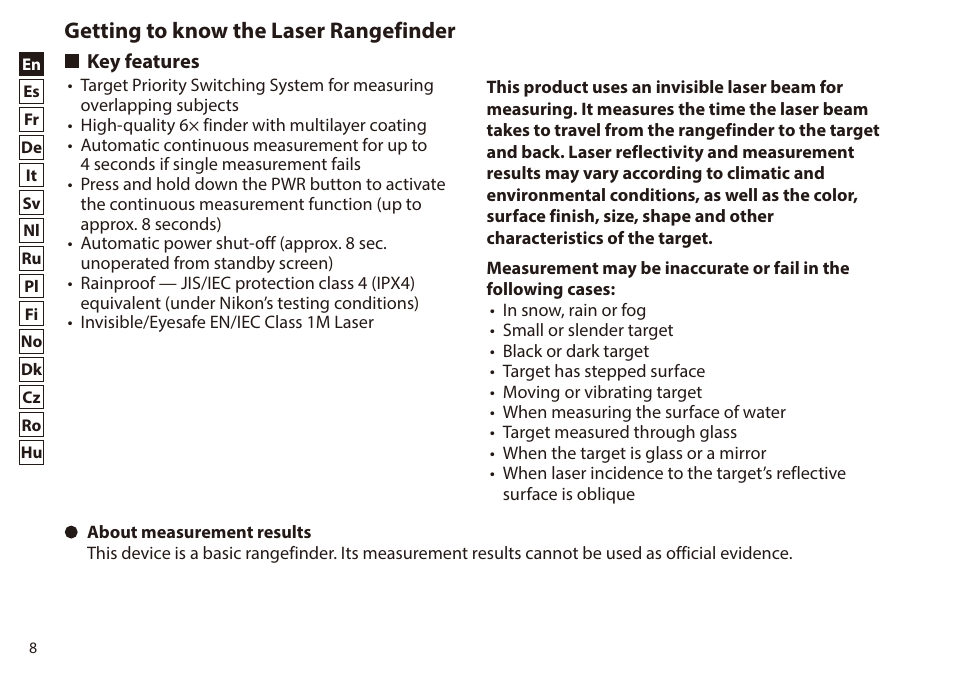Getting to know the laser rangefinder, Key features | Nikon 6x20 Prostaff 1000 Rangefinder User Manual | Page 8 / 276