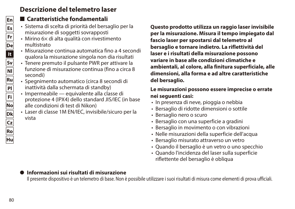 Descrizione del telemetro laser, Caratteristiche fondamentali | Nikon 6x20 Prostaff 1000 Rangefinder User Manual | Page 80 / 276