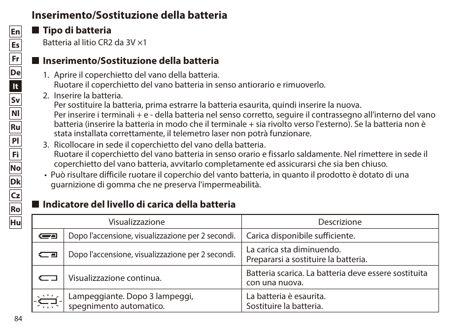 Inserimento/sostituzione della batteria, Tipo di batteria, Indicatore del livello di carica della batteria | Nikon 6x20 Prostaff 1000 Rangefinder User Manual | Page 84 / 276