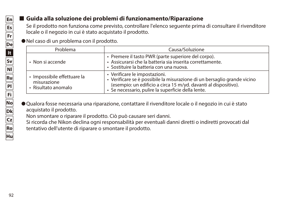 Guida alla soluzione dei problemi di, Funzionamento/riparazione | Nikon 6x20 Prostaff 1000 Rangefinder User Manual | Page 92 / 276