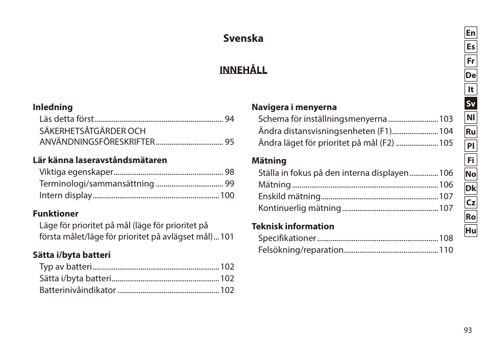 Svenska | Nikon 6x20 Prostaff 1000 Rangefinder User Manual | Page 93 / 276