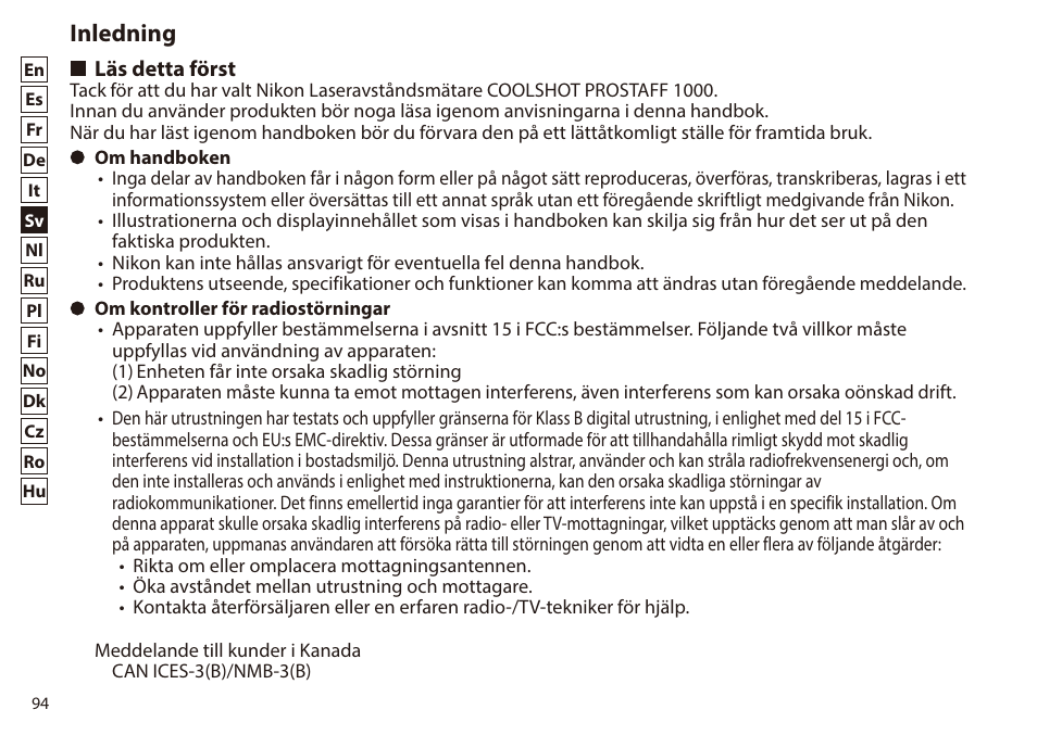 Inledning, Läs detta först | Nikon 6x20 Prostaff 1000 Rangefinder User Manual | Page 94 / 276