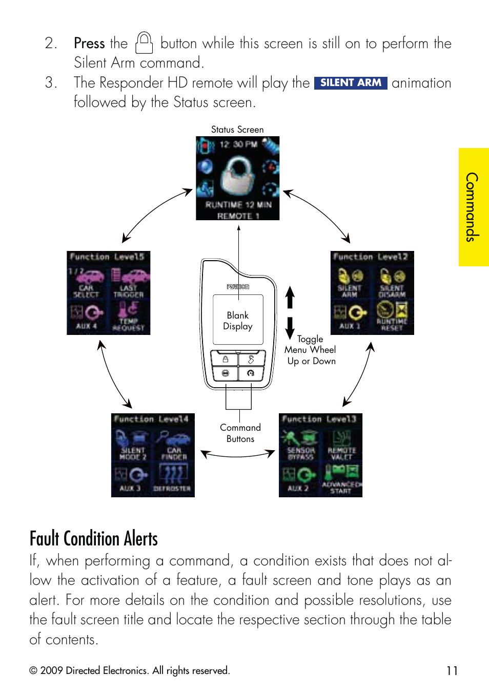 Fault condition alerts, Commands, Animation followed by the status screen | Directed Electronics G5902P User Manual | Page 14 / 69