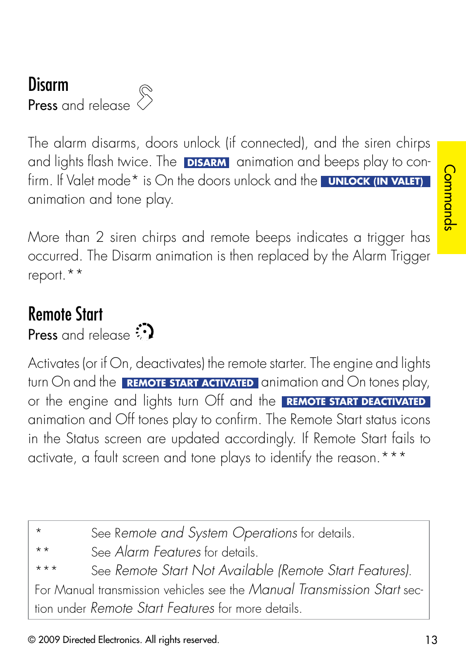 Disarm, Remote start | Directed Electronics G5902P User Manual | Page 16 / 69