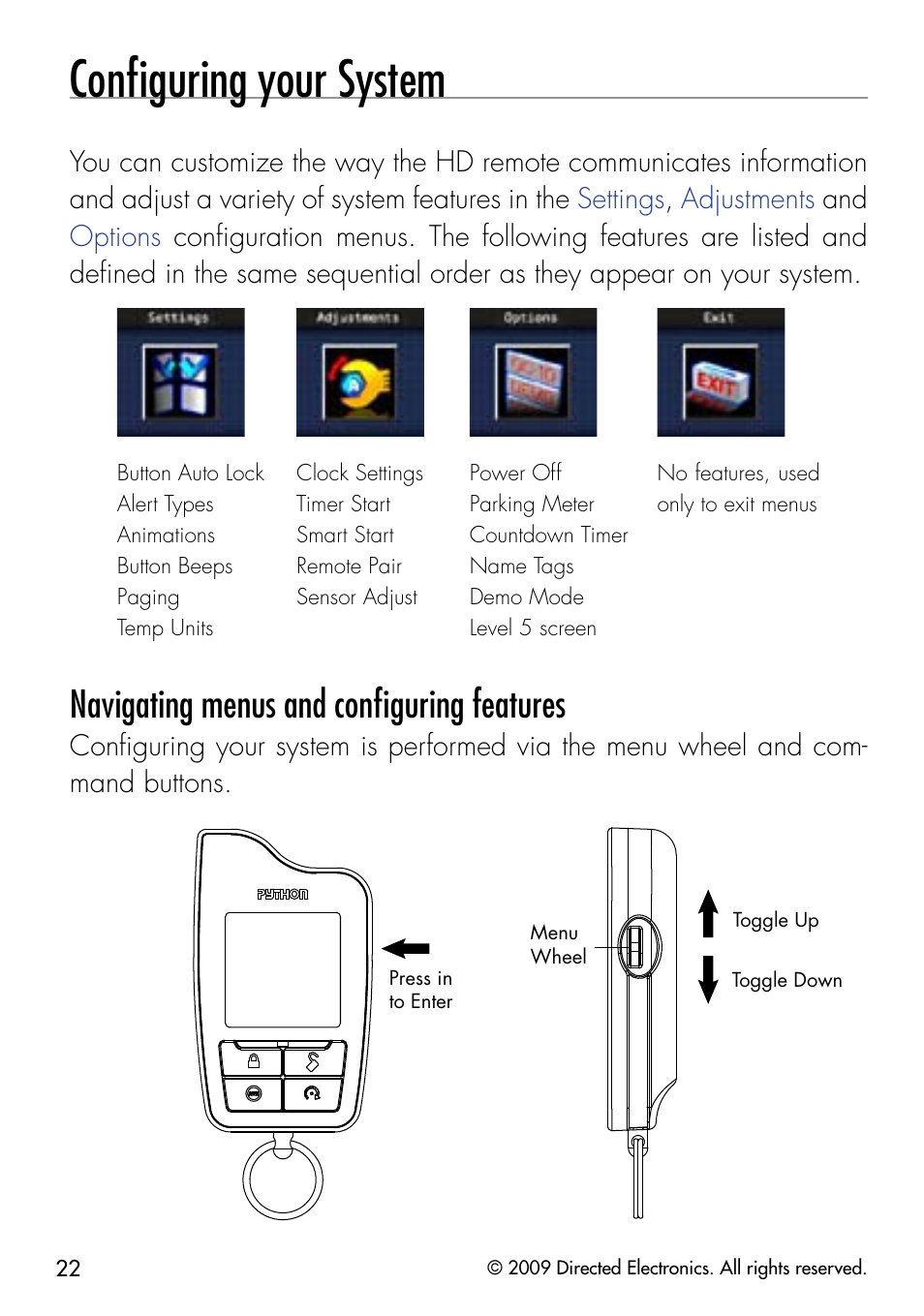 Conﬁguring your system, Navigating menus and conﬁguring features | Directed Electronics G5902P User Manual | Page 25 / 69