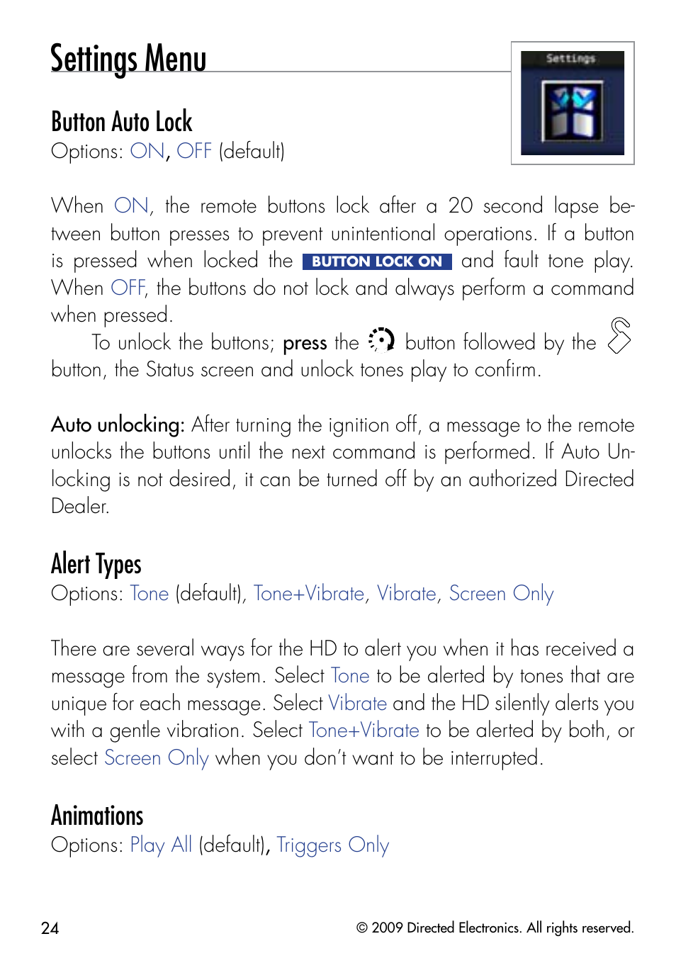 Settings menu, Button auto lock, Alert types | Animations | Directed Electronics G5902P User Manual | Page 27 / 69