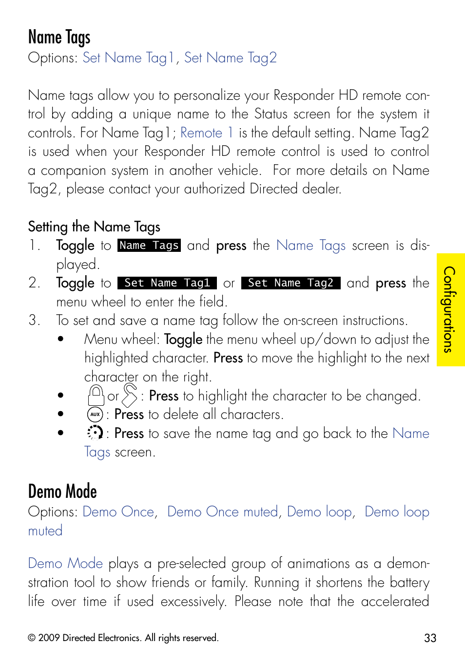 Name tags, Demo mode | Directed Electronics G5902P User Manual | Page 36 / 69