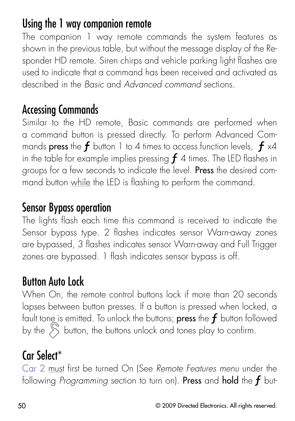 Using the 1 way companion remote, Accessing commands, Sensor bypass operation | Button auto lock, Car select | Directed Electronics G5902P User Manual | Page 53 / 69