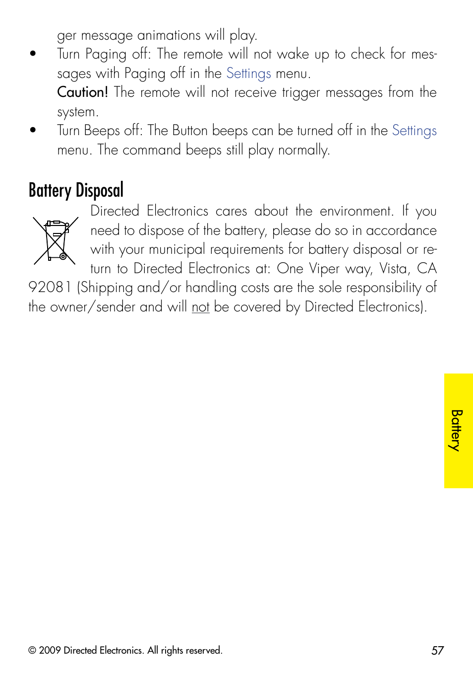 Battery disposal | Directed Electronics G5902P User Manual | Page 60 / 69