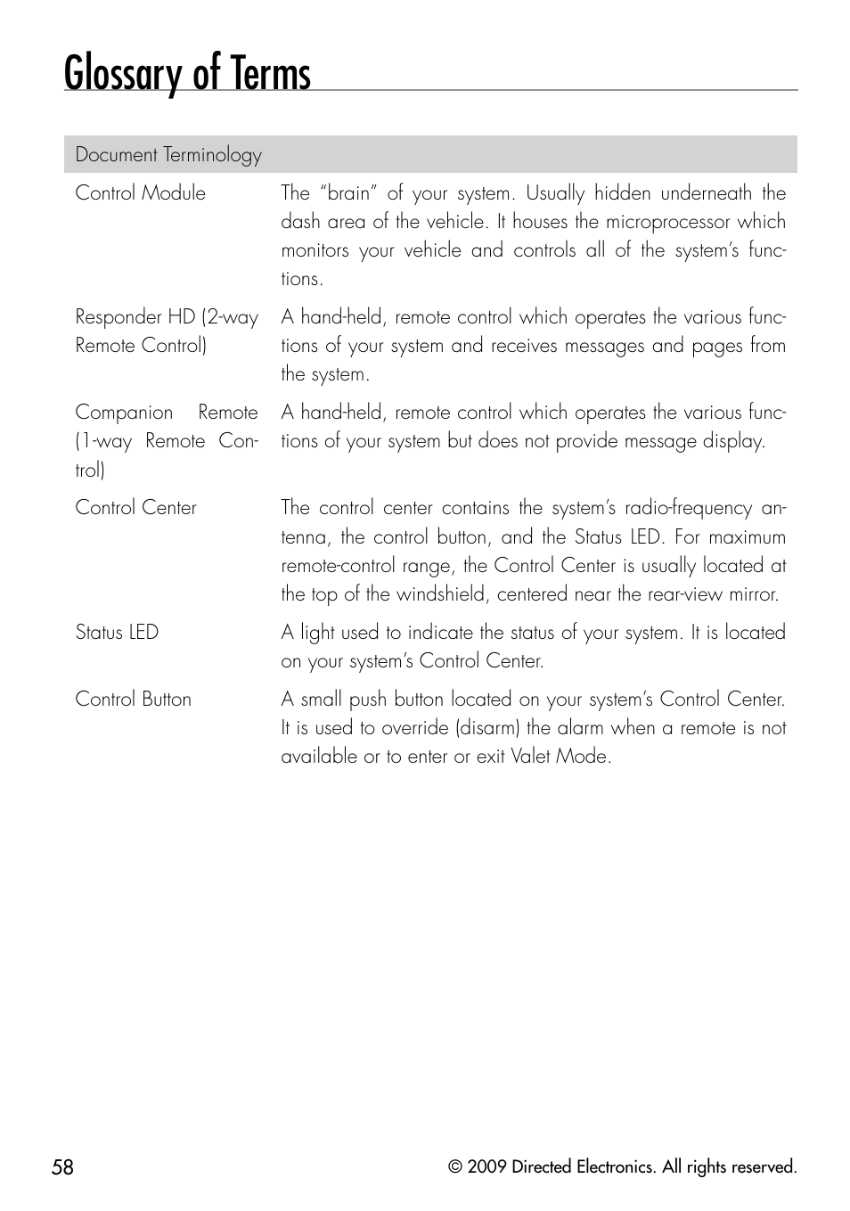 Glossary of terms | Directed Electronics G5902P User Manual | Page 61 / 69