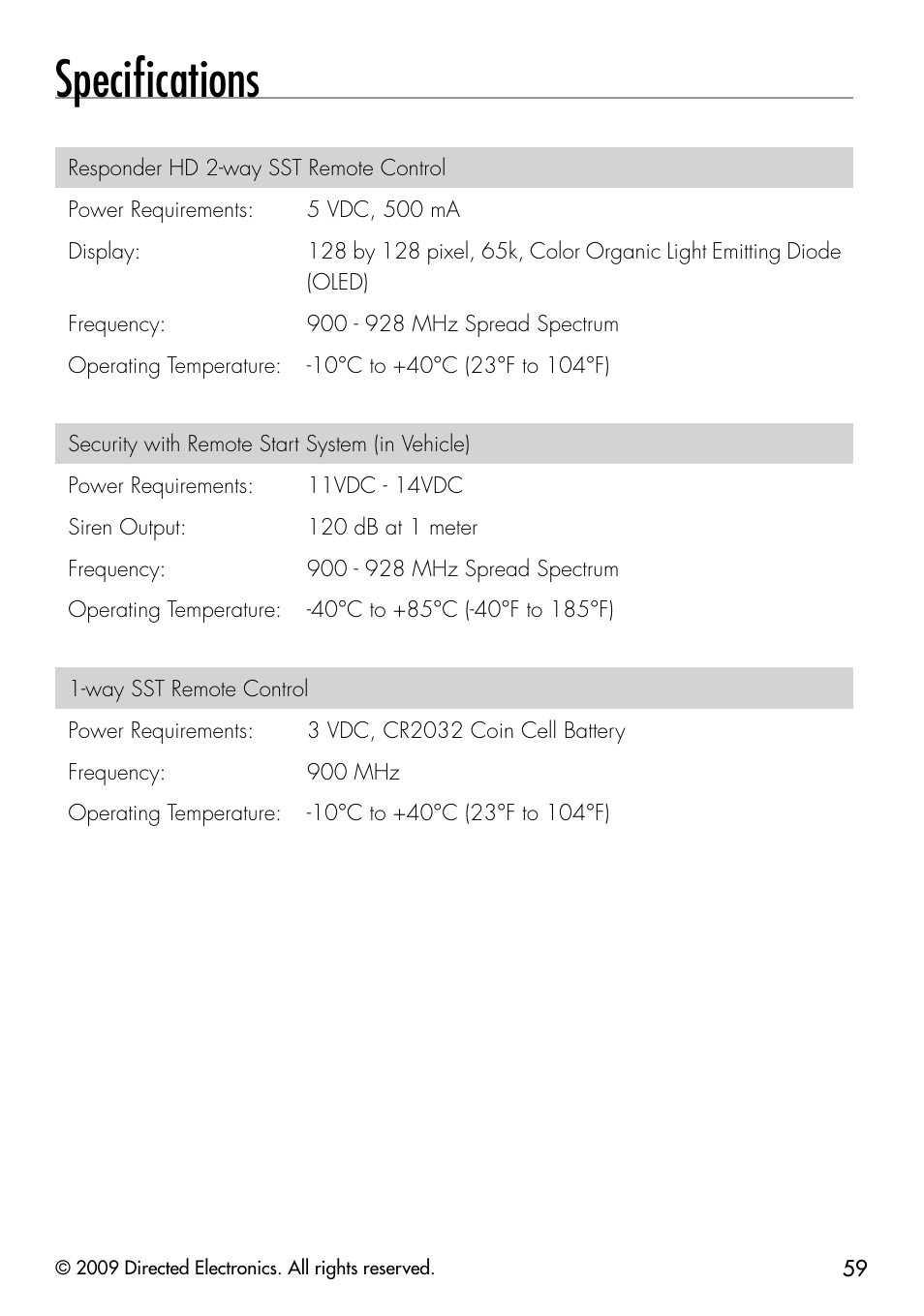 Speciﬁcations | Directed Electronics G5902P User Manual | Page 62 / 69