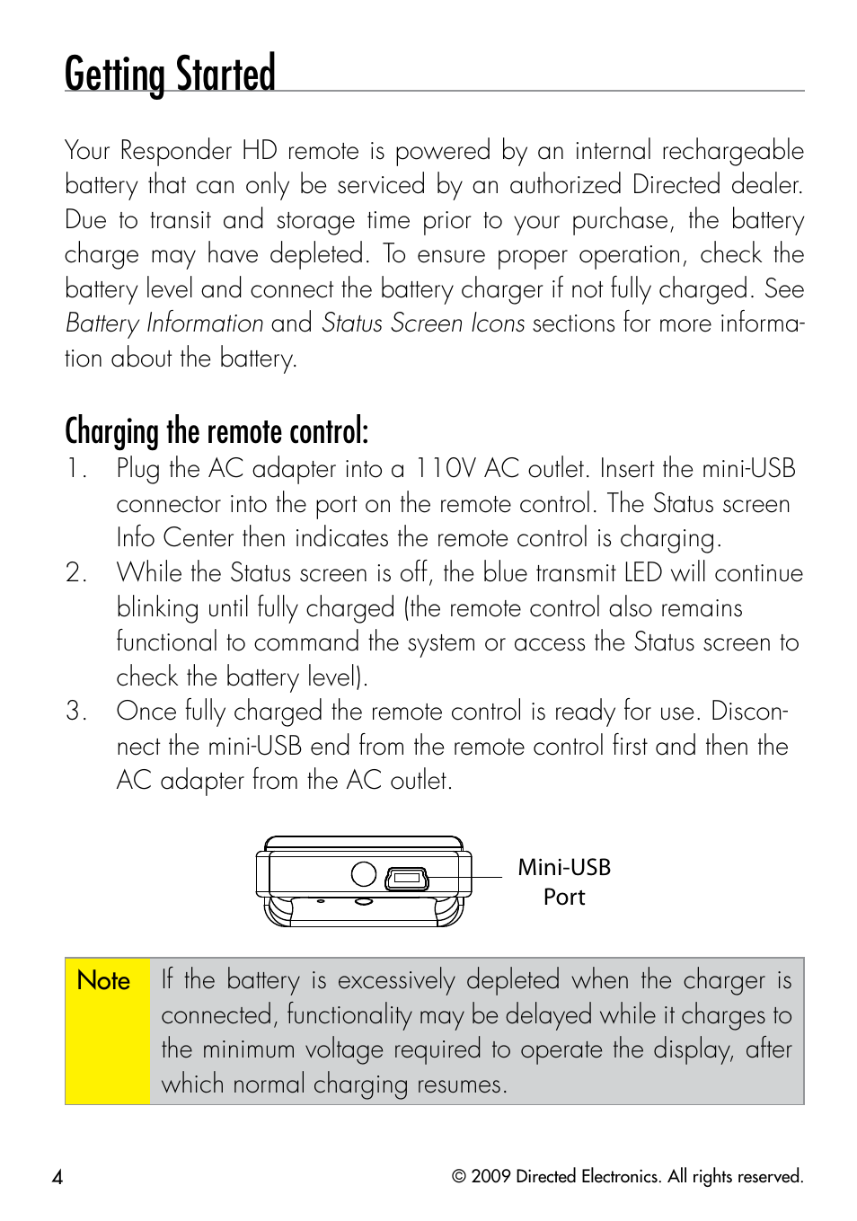 Getting started, Charging the remote control | Directed Electronics G5902P User Manual | Page 7 / 69