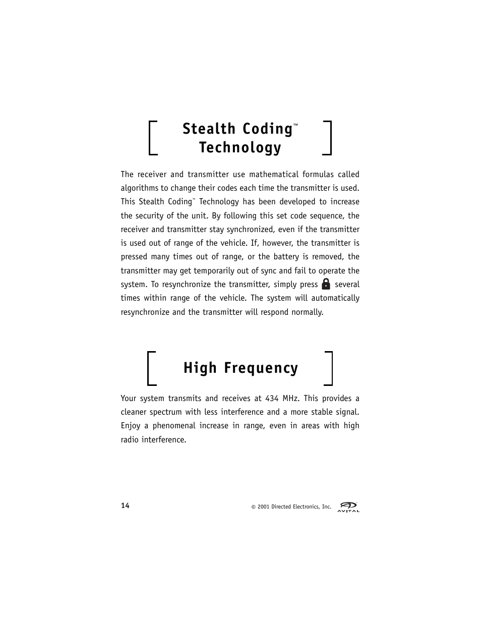 Stealth coding, Technology, High frequency | Directed Electronics Avital 2300 User Manual | Page 18 / 25