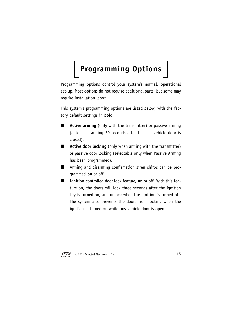 Programming options | Directed Electronics Avital 2300 User Manual | Page 19 / 25