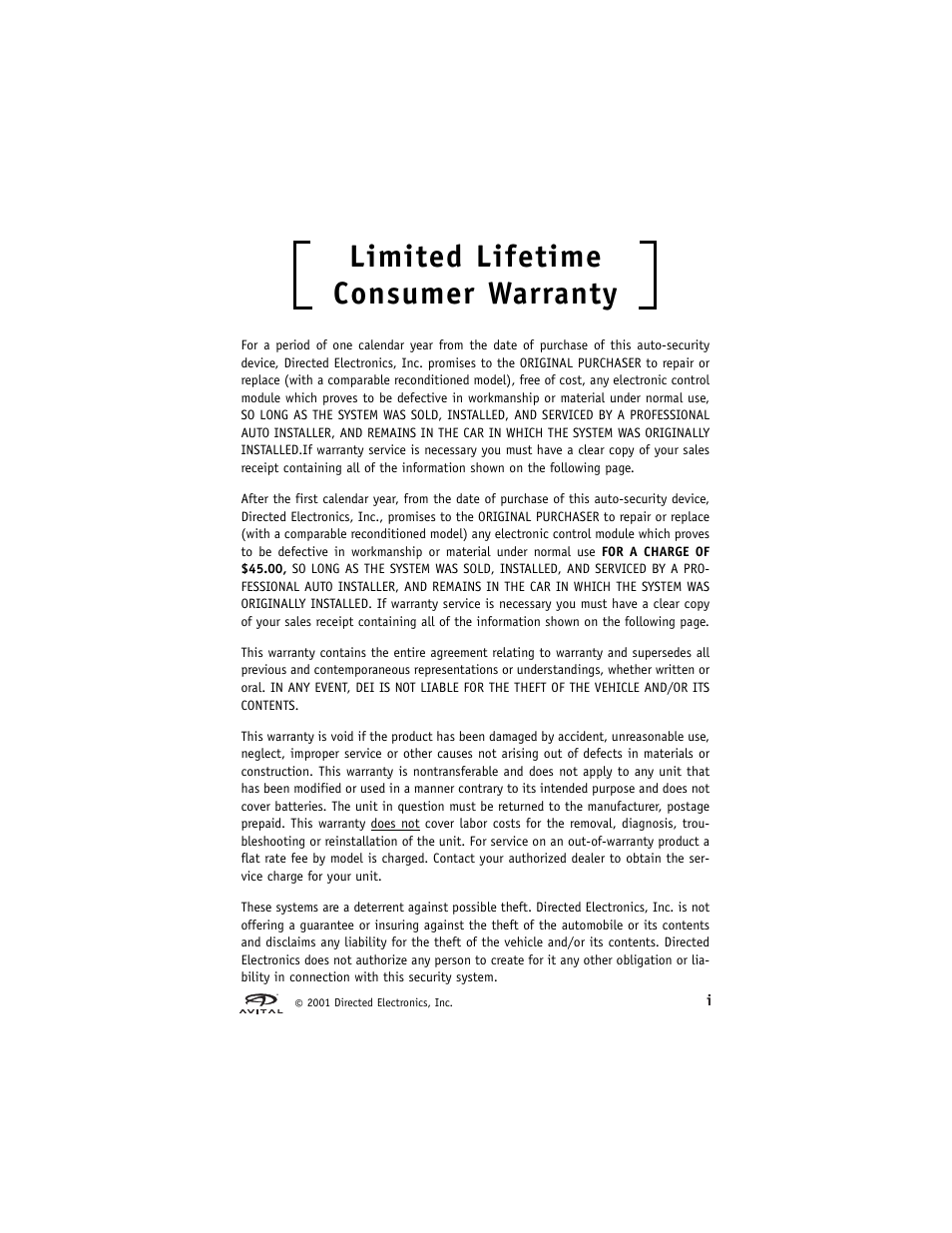 Limited lifetime consumer warranty | Directed Electronics Avital 2300 User Manual | Page 2 / 25