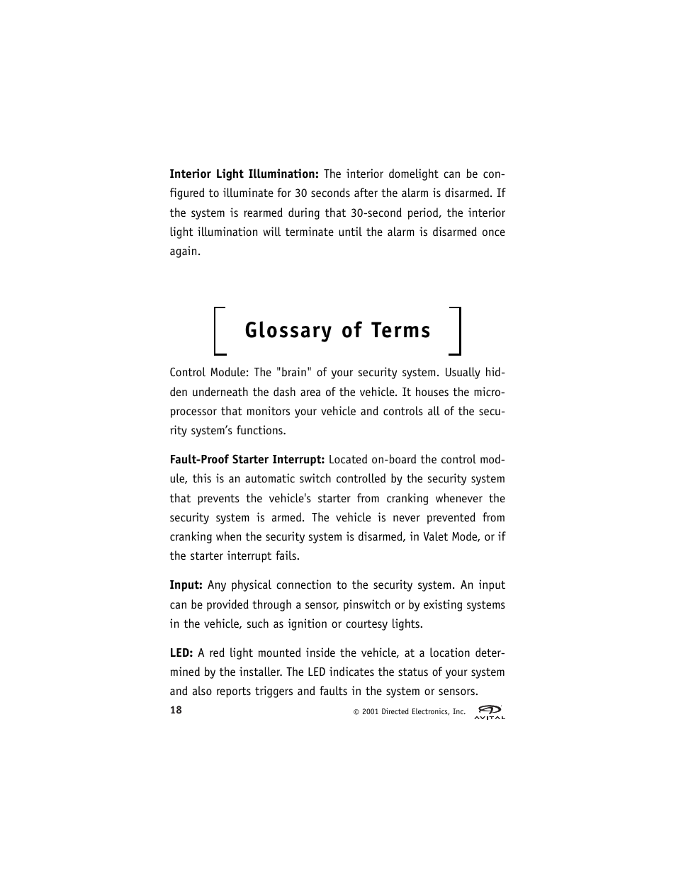 Glossary of terms | Directed Electronics Avital 2300 User Manual | Page 22 / 25