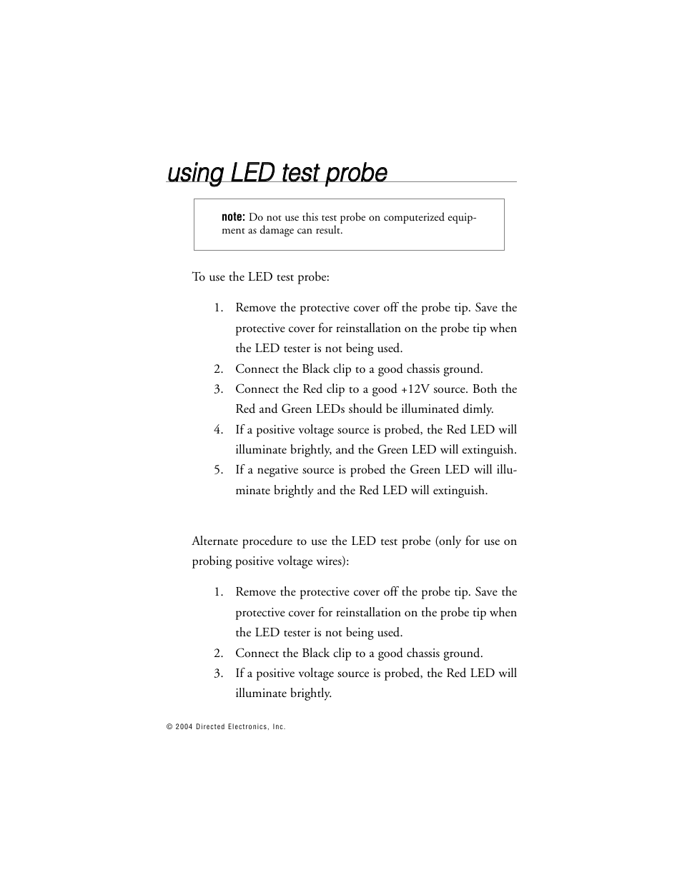 Uussiin ng g l le ed d tte esstt p prro ob be e | Directed Electronics BOA 165B User Manual | Page 12 / 43