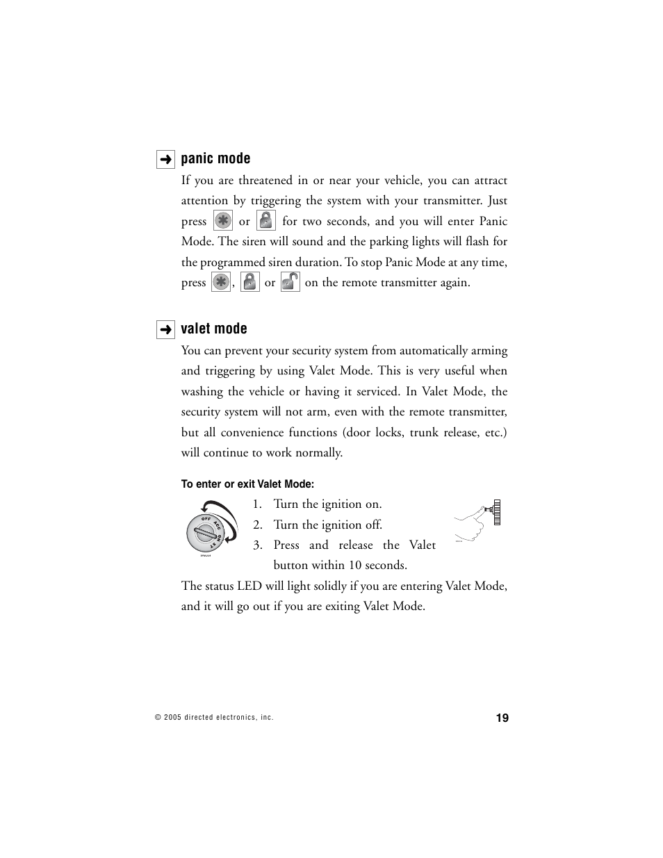 Panic mode, Valet mode | Directed Electronics 10 User Manual | Page 18 / 45