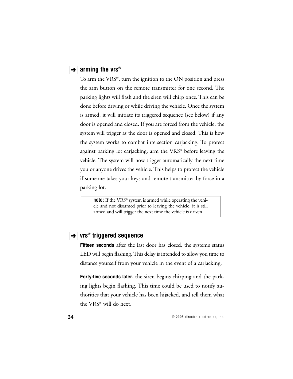 Arming the vrs, Triggered sequence | Directed Electronics 10 User Manual | Page 33 / 45