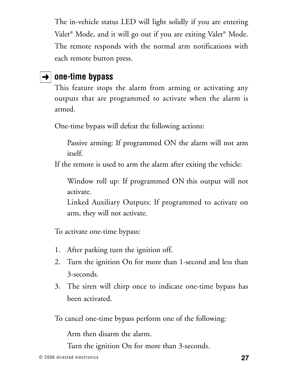 One-time bypass | Directed Electronics 12.2X User Manual | Page 26 / 53