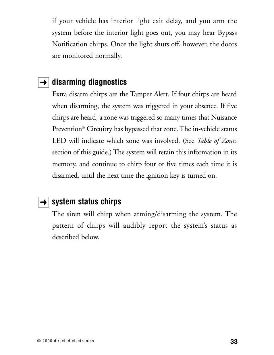 Disarming diagnostics, System status chirps | Directed Electronics 12.2X User Manual | Page 32 / 53