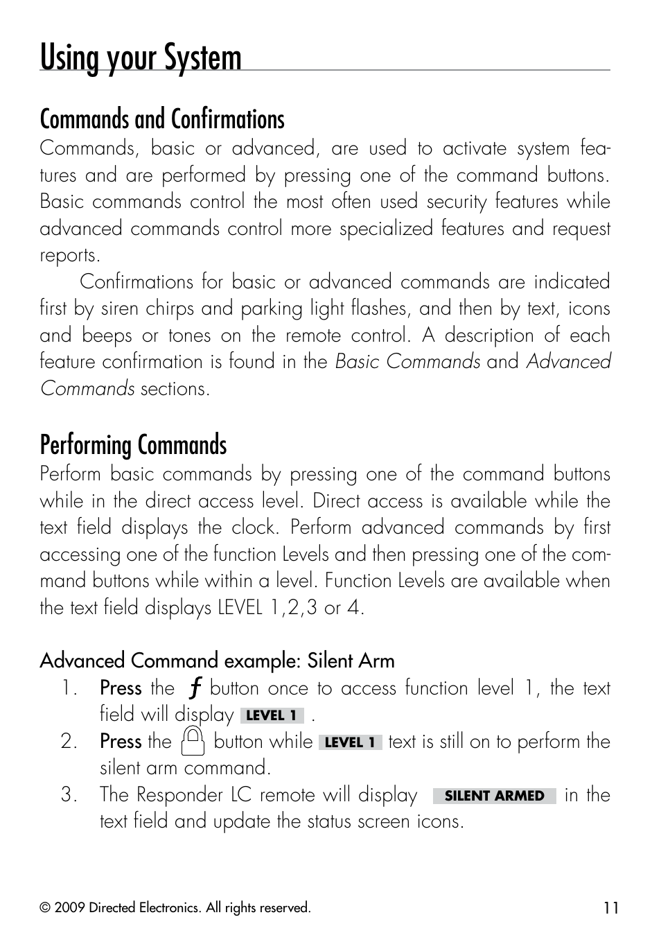 Using your system, Commands and conﬁrmations, Performing commands | Directed Electronics PYTHON 333 User Manual | Page 14 / 53