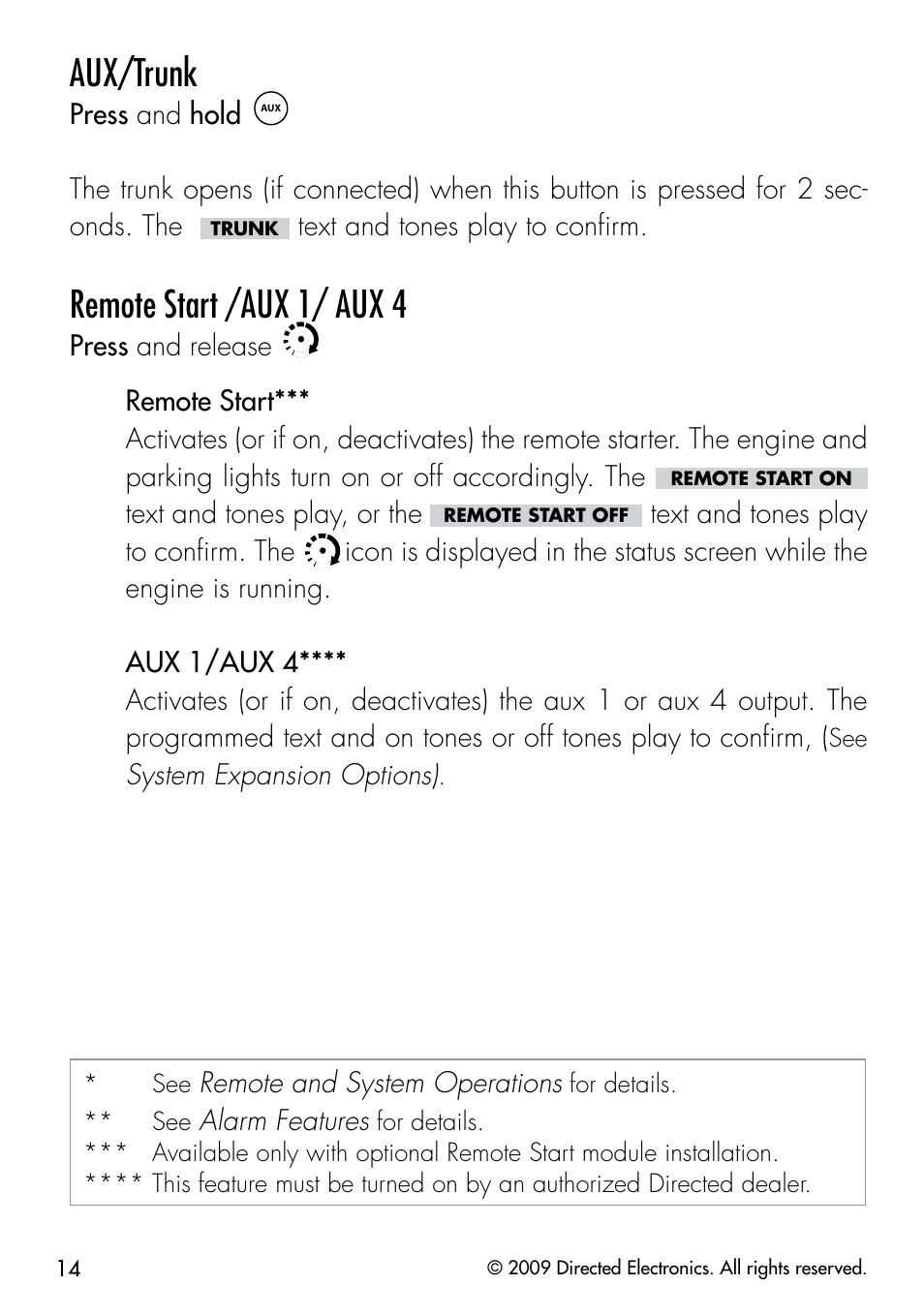 Aux/trunk, Remote start /aux 1/ aux 4 | Directed Electronics PYTHON 333 User Manual | Page 17 / 53