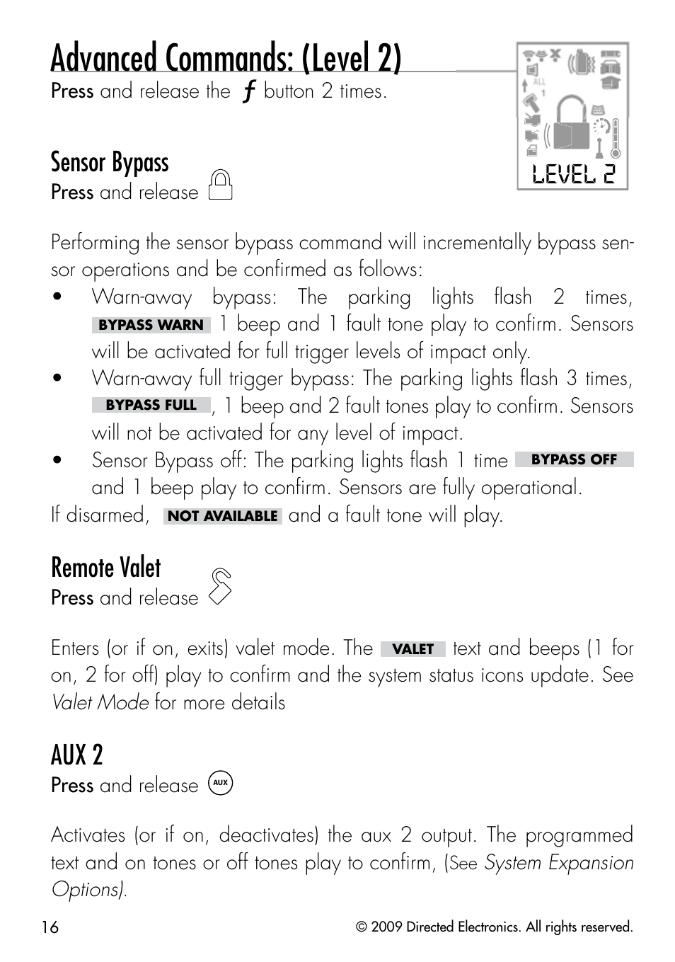 Advanced commands: (level 2), Level 2, Sensor bypass | Remote valet, Aux 2 | Directed Electronics PYTHON 333 User Manual | Page 19 / 53