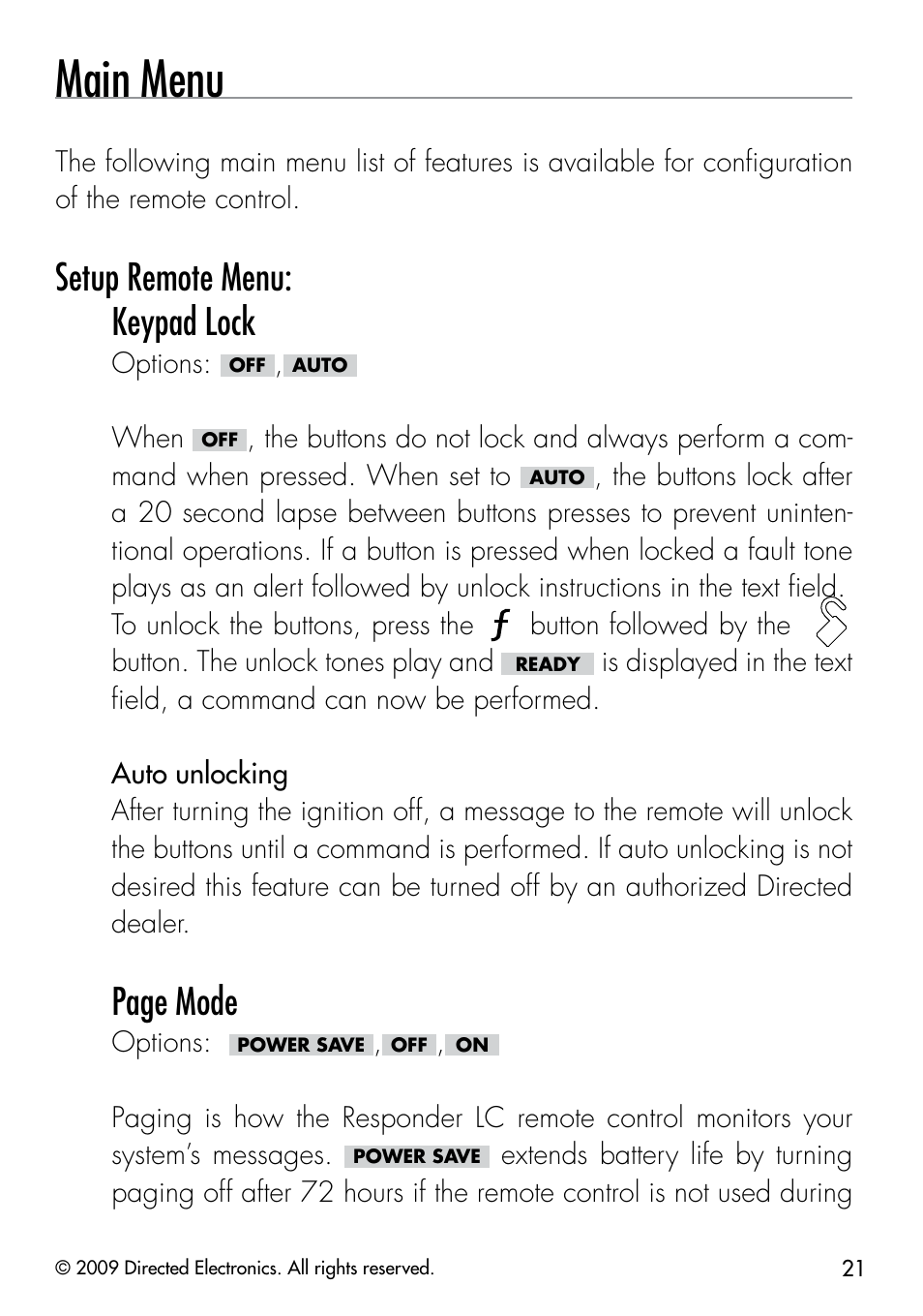 Main menu, Setup remote menu: keypad lock, Page mode | Directed Electronics PYTHON 333 User Manual | Page 24 / 53