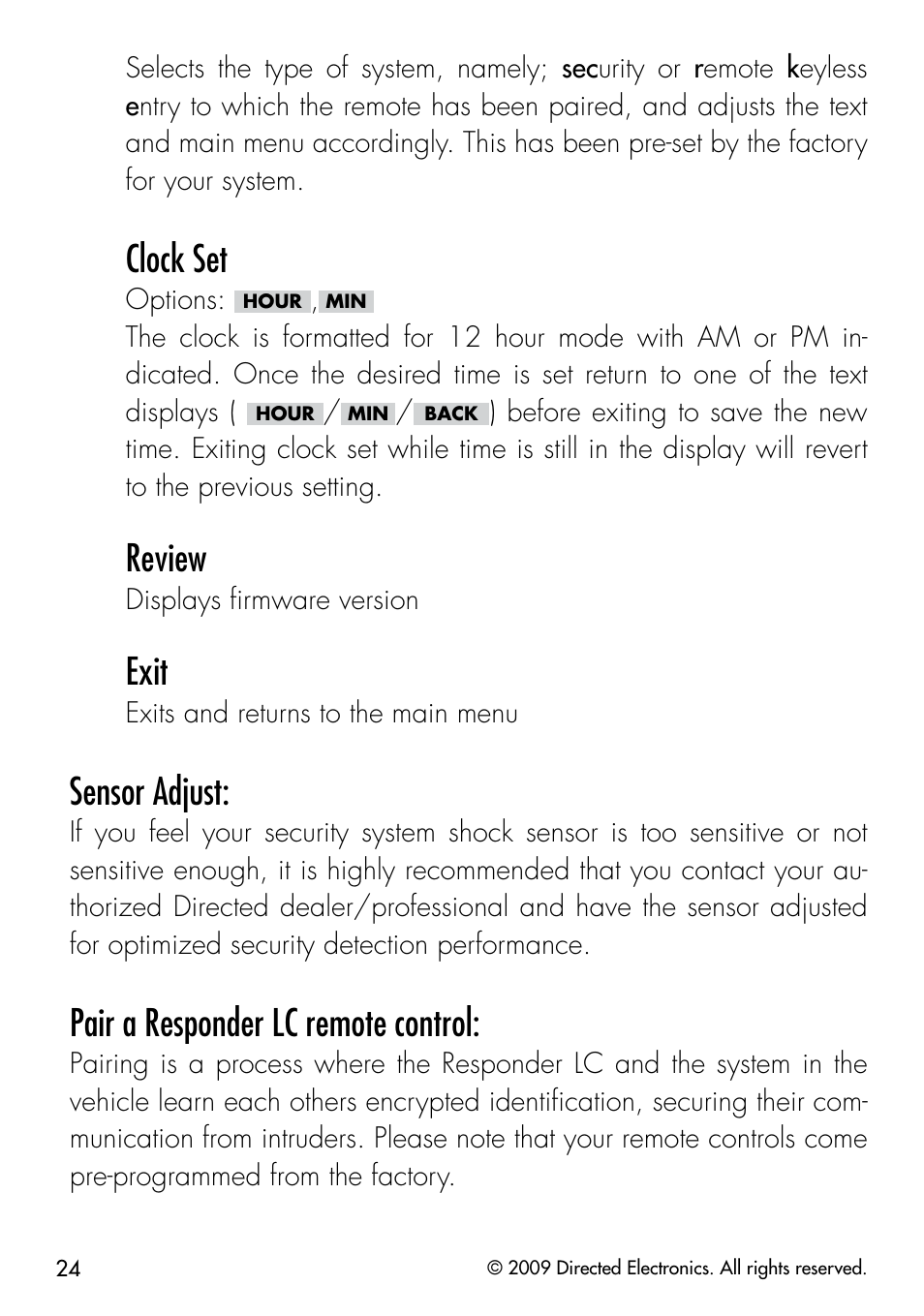 Clock set, Review, Exit | Sensor adjust, Pair a responder lc remote control | Directed Electronics PYTHON 333 User Manual | Page 27 / 53