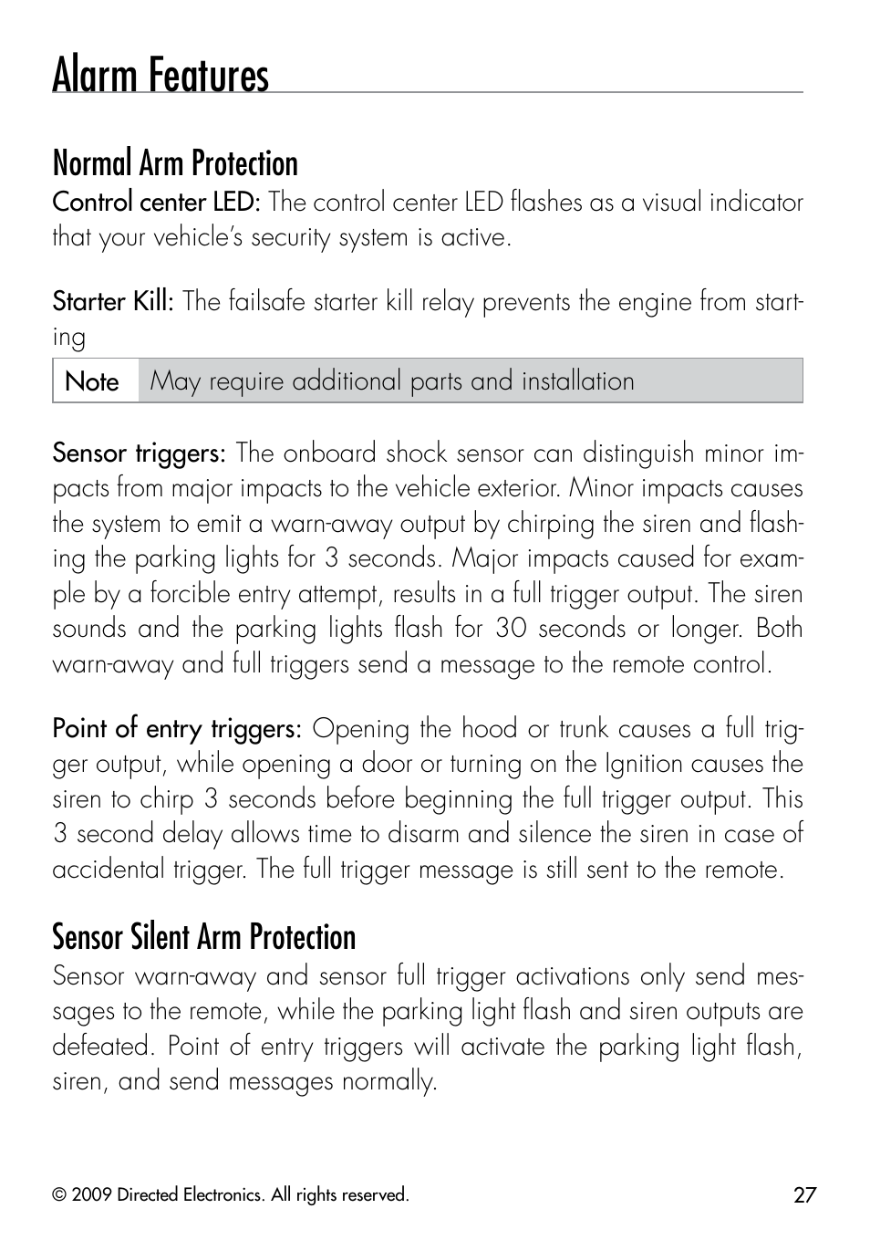 Alarm features, Normal arm protection, Sensor silent arm protection | Directed Electronics PYTHON 333 User Manual | Page 30 / 53