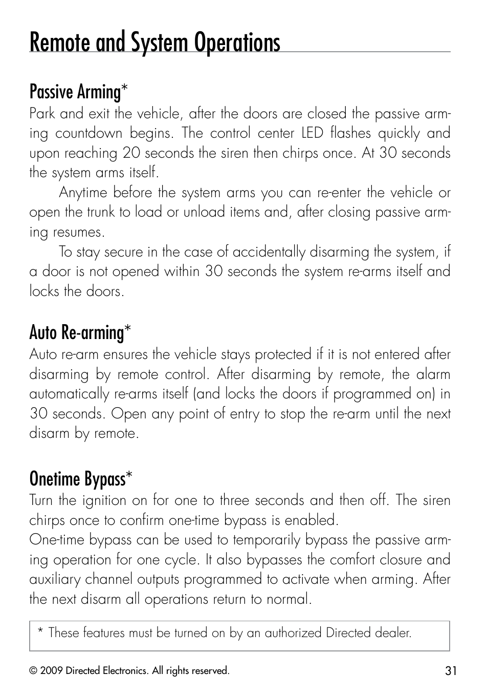 Remote and system operations, Passive arming, Auto re-arming | Onetime bypass | Directed Electronics PYTHON 333 User Manual | Page 34 / 53