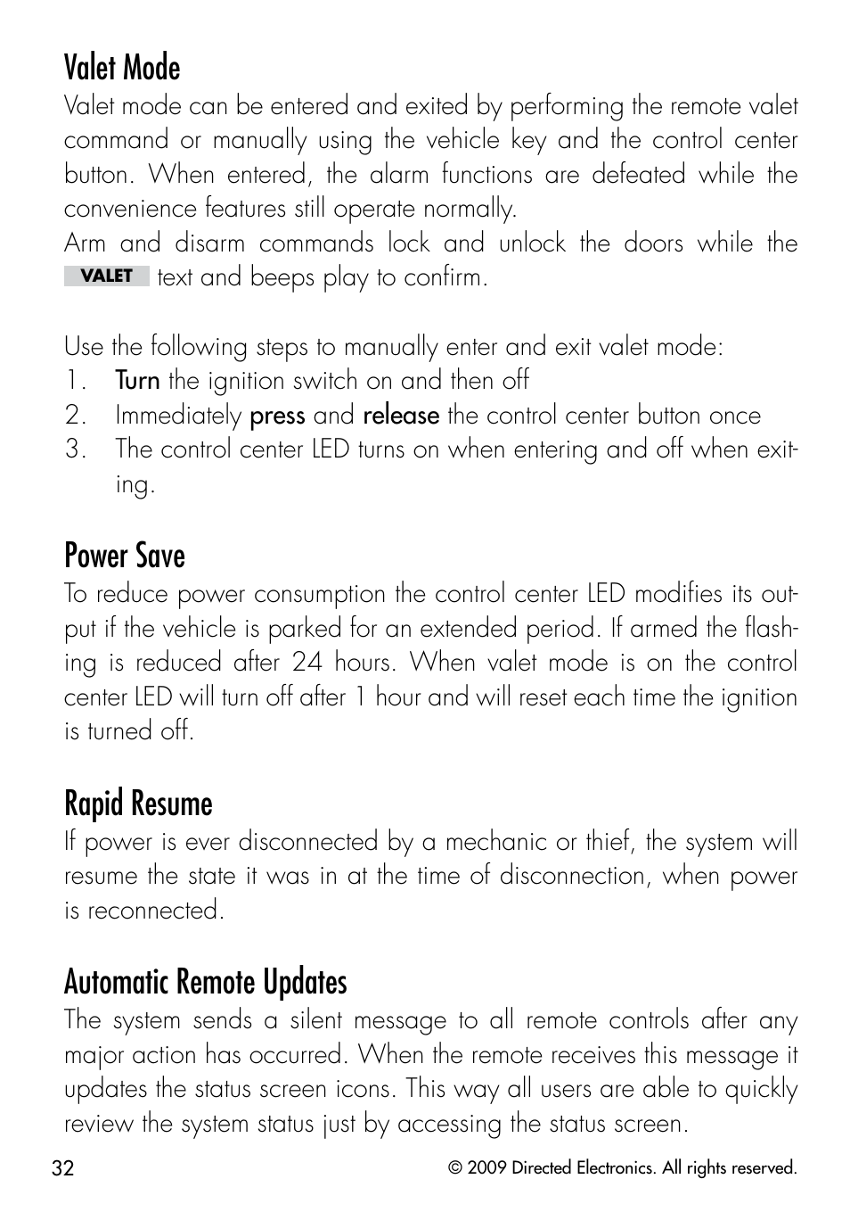 Valet mode, Power save, Rapid resume | Automatic remote updates | Directed Electronics PYTHON 333 User Manual | Page 35 / 53