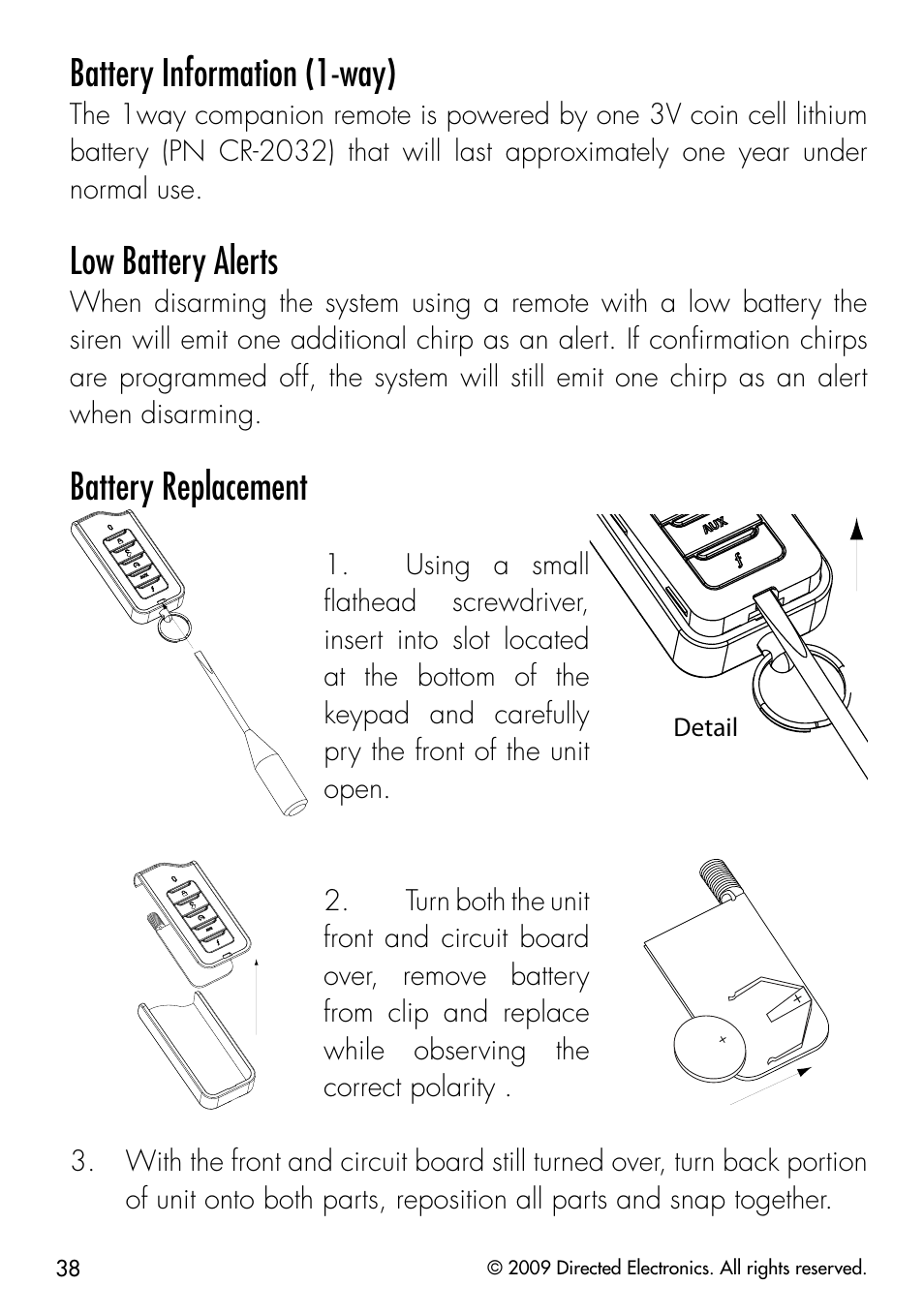 Battery information (1-way), Low battery alerts, Battery replacement | Directed Electronics PYTHON 333 User Manual | Page 41 / 53