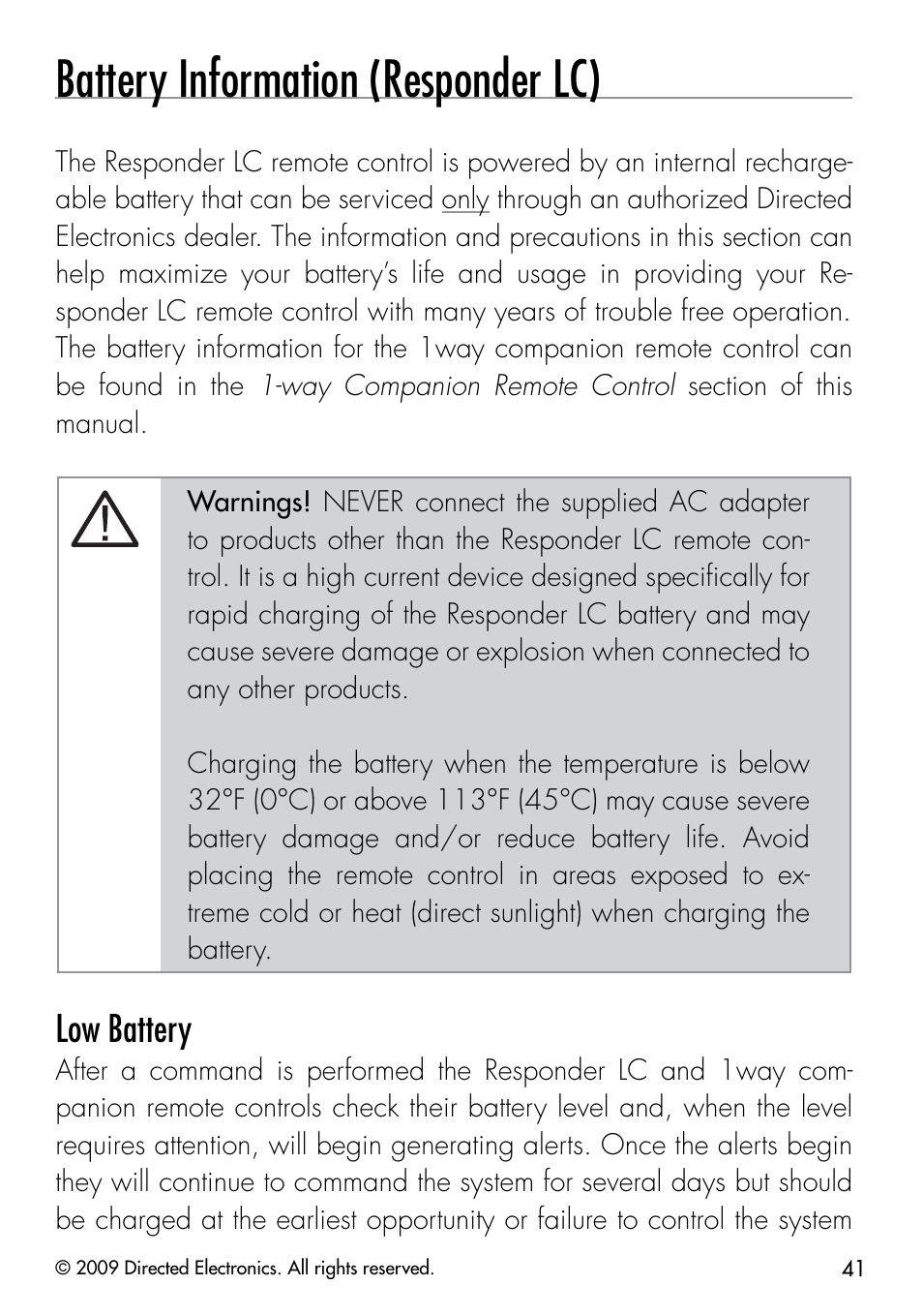 Battery information (responder lc), Low battery | Directed Electronics PYTHON 333 User Manual | Page 44 / 53