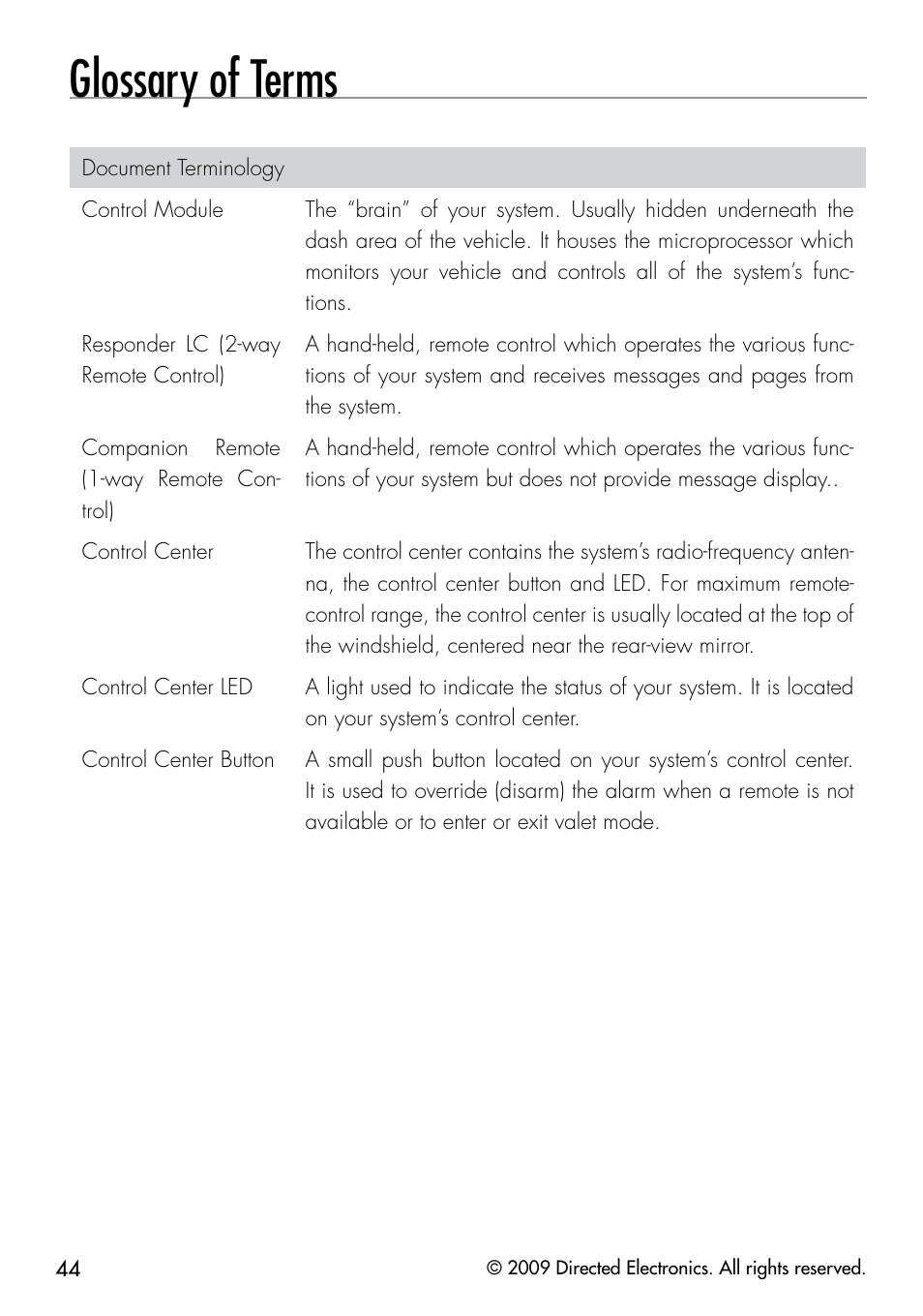 Glossary of terms | Directed Electronics PYTHON 333 User Manual | Page 47 / 53