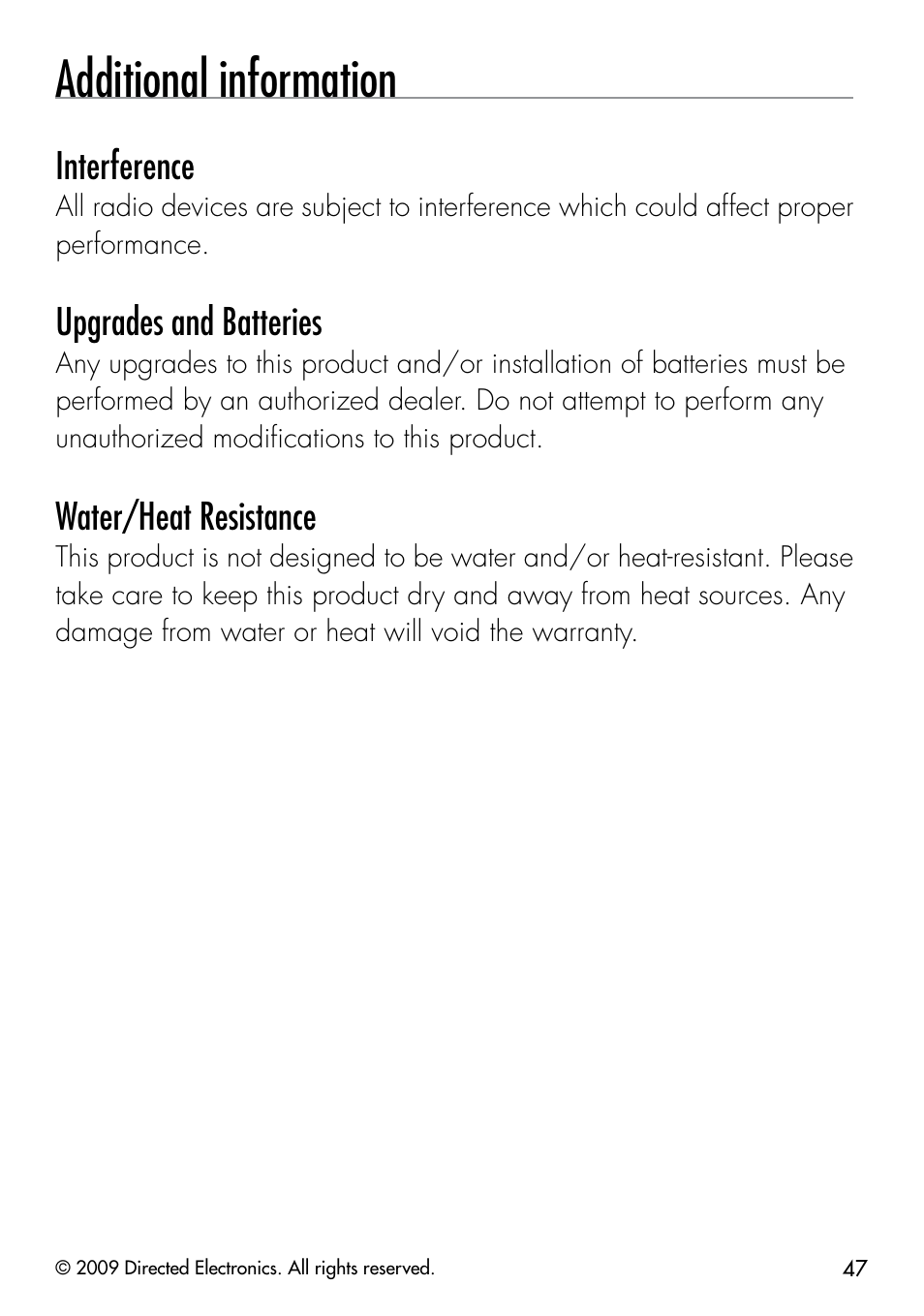 Additional information, Interference, Upgrades and batteries | Water/heat resistance | Directed Electronics PYTHON 333 User Manual | Page 50 / 53